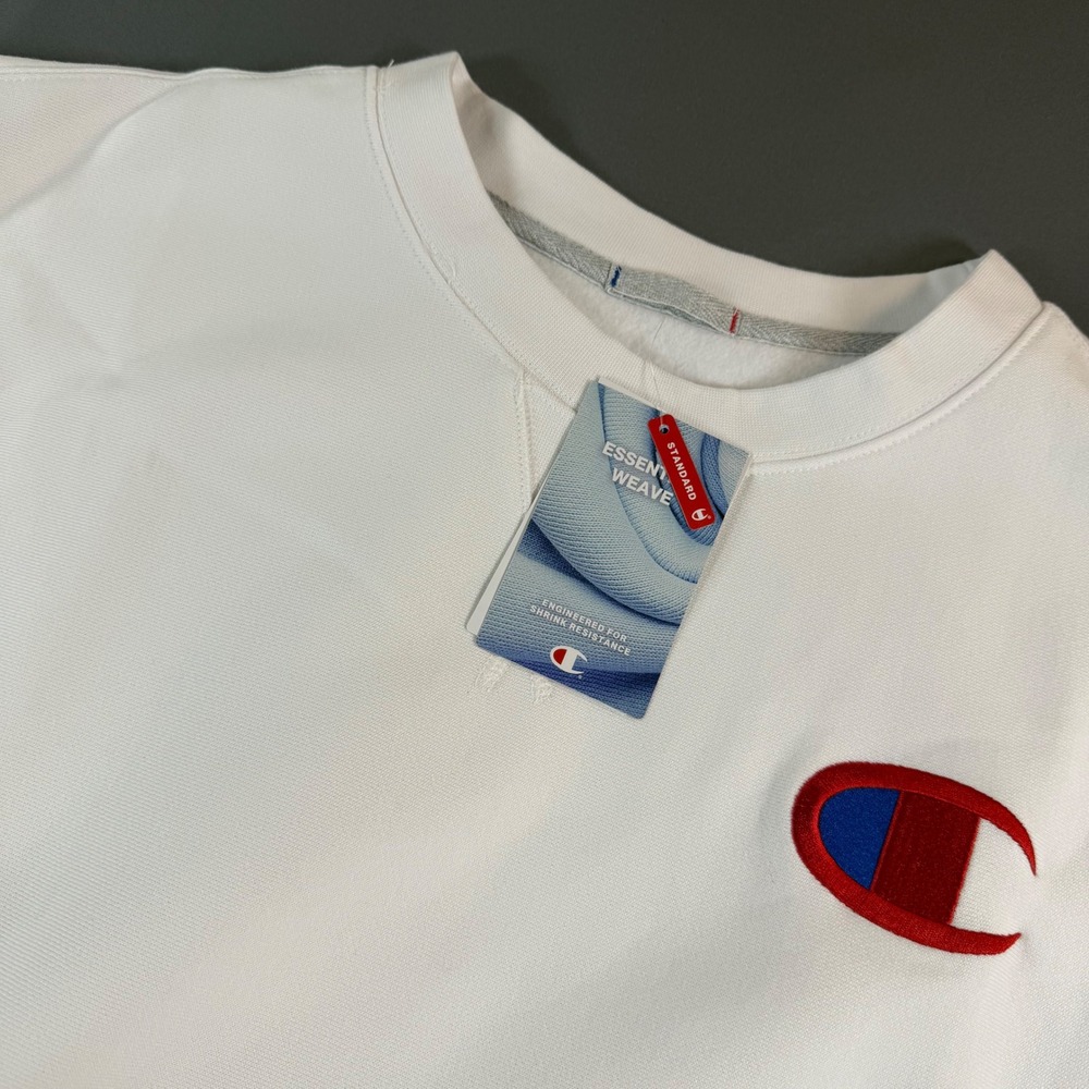 Champion Essential Weave White Sweatshirt Mens 3XL Big Logo Crewneck NWT